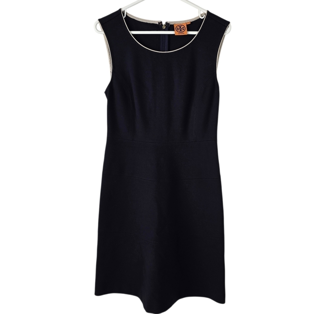 Tory Burch Navy Blue Sleeveless Sheath Dress S Contrast Piping Careerwear